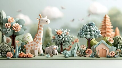 Detailed origami paper zoo with vibrant colored animals and trees set against a soft neutral...