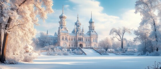 Obraz premium Majestic castle illuminated by warm light amid a snowy forest landscape during winter twilight