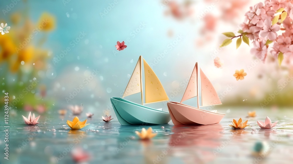 Poster folded paper boats in bright pastel colors gently floating on a reflective surface creating a tranqu