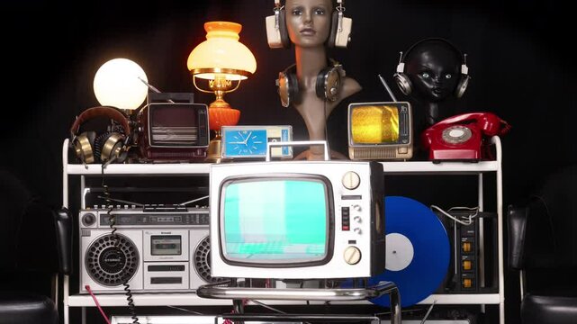 retro and vintage objects with static on the televisions