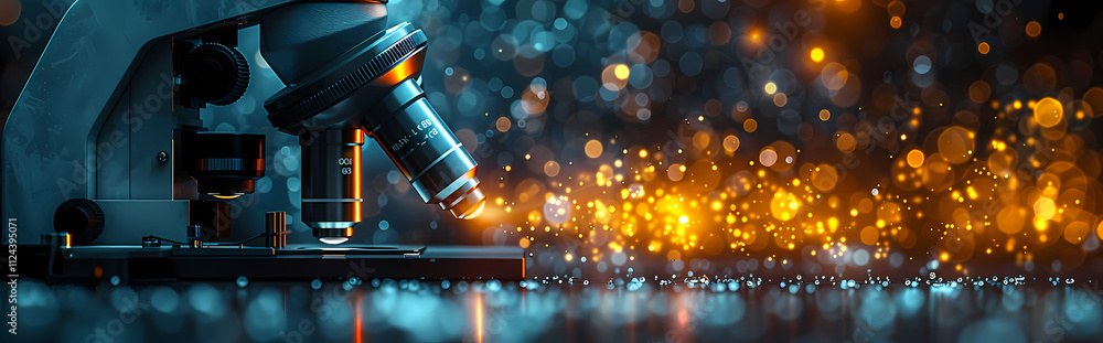 Poster microscope in discovery: a powerful microscope is positioned against a backdrop of vibrant, sparklin