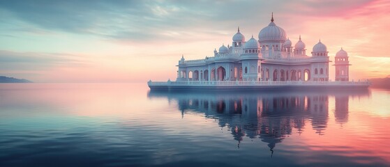 Obraz premium Majestic palace by the serene lake at sunset with vibrant clouds reflecting in the water