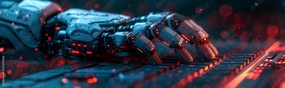 Poster robotic hand on keyboard: a close-up shot of a futuristic robotic hand interacting with a glowing ke
