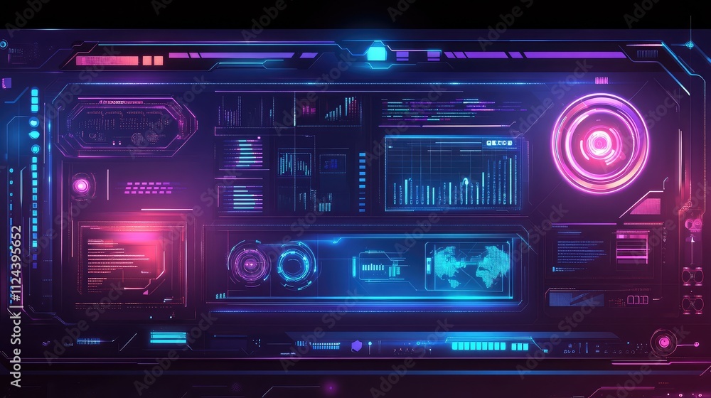Poster futuristic user interface with neon colors and data visualization elements