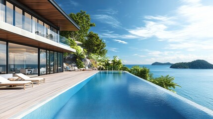 Modern house exterior with swimming pool and deck