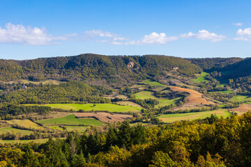 Obraz premium Cernon Valley in the Larzac from the former railway line connecting Tournemire to Le Vigan converted into a rail bike trail