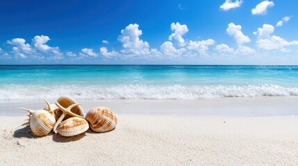 Obraz premium Captivating beach scene with seashells tropical shoreline photography sunny environment close-up view nature inspiration