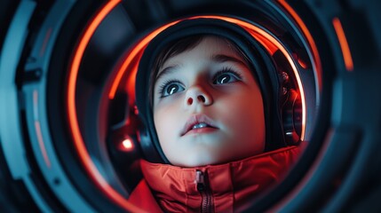 Fototapeta premium Young Child Gazing Curiously Through a Futuristic Circular Portal with Neon Lights and a Warm Expression