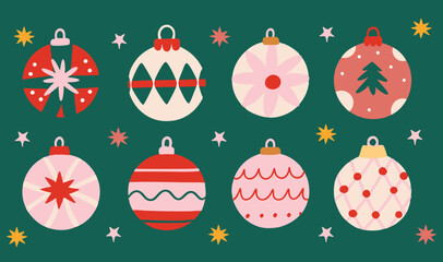 Set of whimsical christmas baubles doodle icons, unique patterns, minimal lines, fun, playful, childish style on green background.