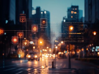 Urban night scene featuring smart technology integration city streets digital visualization modern environment overhead perspective innovation