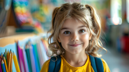 Little Learner's Bright Smile: A young girl with bright eyes and a sunny disposition beams with pure joy, capturing the spirit of childhood innocence and the eagerness for learning.