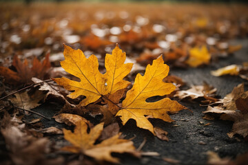 Generous Close up of fallen autumn tree leaves with drops of water from fog or rain