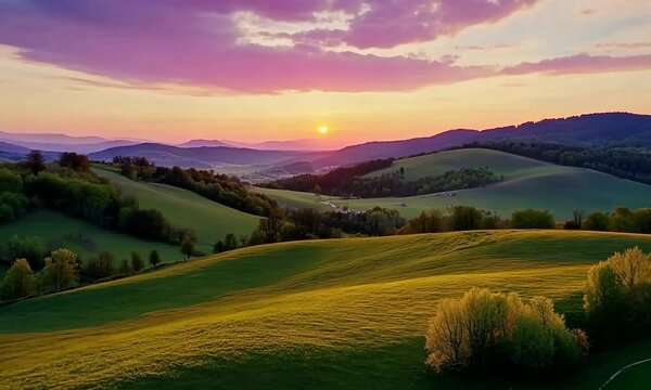 Serene sunset over rolling green hills