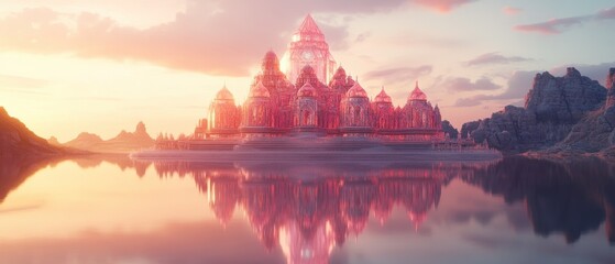 Obraz premium Colorful crystal formations surround a tranquil lake during sunset in a surreal landscape