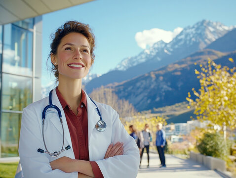 Smiling doctor with stethoscope in mountain setting