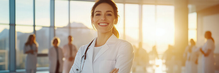 Happy doctor in sunlit office surrounded by colleagues