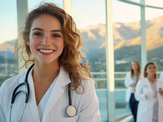 Friendly young doctor with supportive medical team