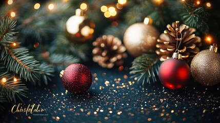 Christmas Arrangement with Pine Branches and Red Gold Ornaments Illuminated by Bokeh Lights