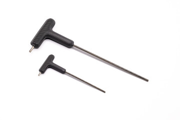 This crisp studio shot showcases two T-handle hex keys against a clean white background. The minimalist composition emphasizes the tools' form and function, highlighting their ergonomic design.