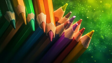 Closeup of sharpened colored pencils arra