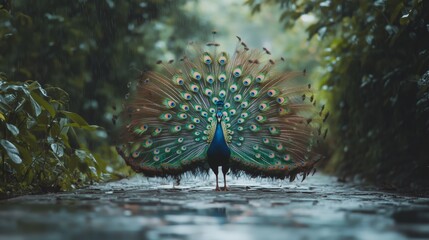 Obraz premium a peacock standing in the rain, its feathers fully fanned out.