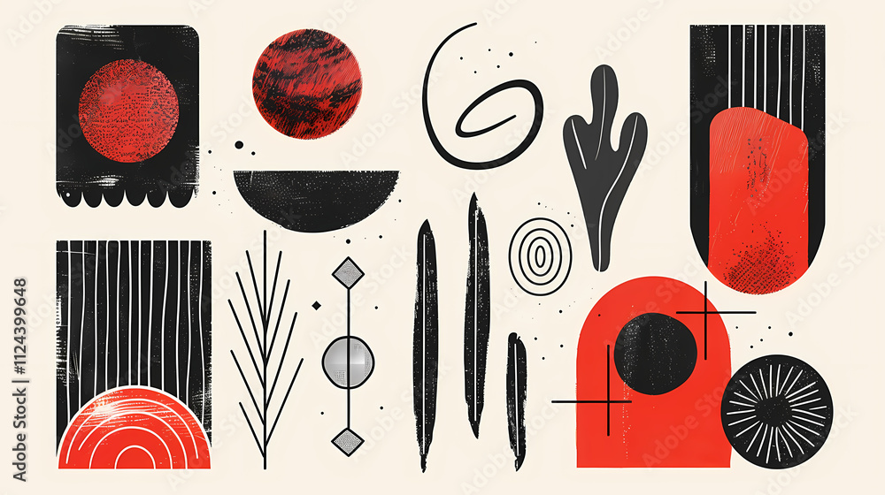 Poster red and black abstract elements: a collection of minimalist abstract shapes in black and red, evokin