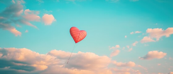 Fototapeta premium Heart-shaped balloon floats against a vibrant blue sky with fluffy white clouds on a sunny day