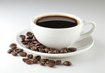 Obraz premium Freshly Brewed Black Coffee in a White Cup Surrounded by Roasted Coffee Beans on a Minimalistic Background for a Cozy Cafe Atmosphere