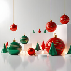 Festive Christmas Decorations with Red and Green Ornaments and Mini Trees