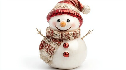 Snowman doll handmade. The snowman is wearing a red and black beanie hat and a red and brown plaid scarf,
