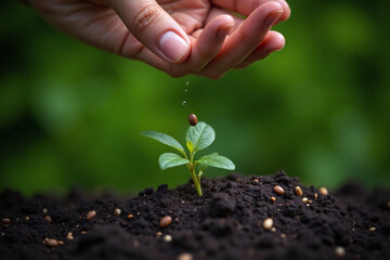Garden setting human hand sprinkling seed green sprout moist soil