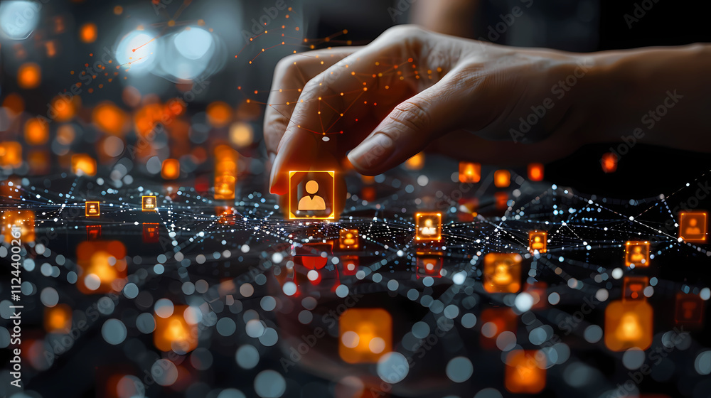 Poster connecting the dots: a hand carefully interacts with a network of interconnected nodes, each represe