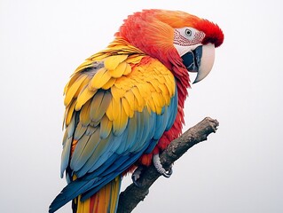 Obraz premium Colorful Overweight Parrot Perched on Branch Charming Bird Gazing on White Background