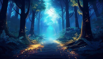 Enchanted forest path illuminated by soft light.