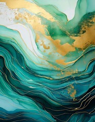 Meditative abstract watercolor waves blending blue, green, and gold