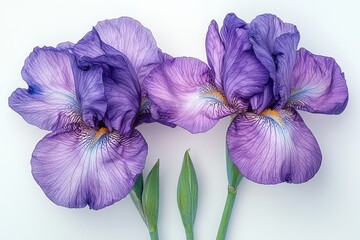 Stunning Purple Irises with Delicate Petals Display on Plain Background