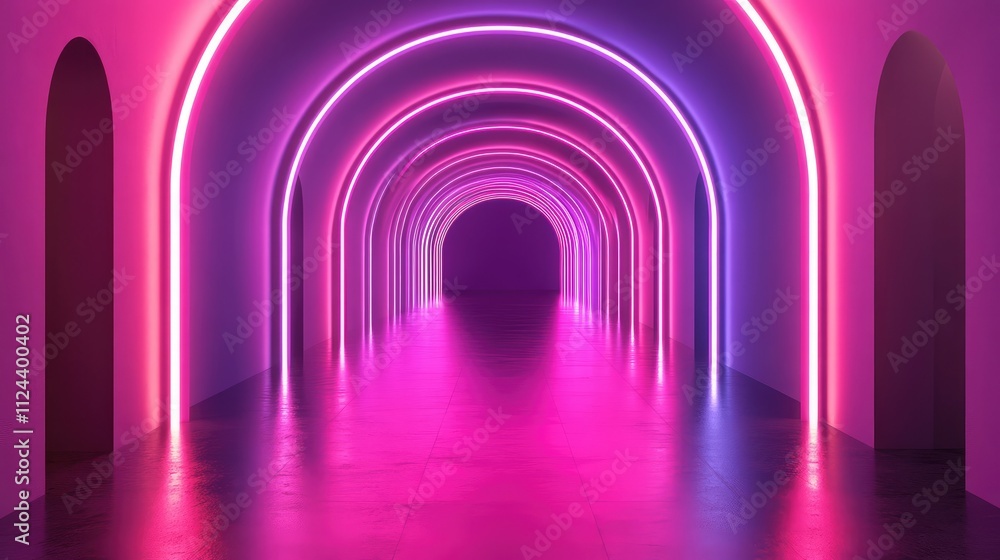 Aufkleber neon lighted archway in empty tunnel with vibrant colorful glow