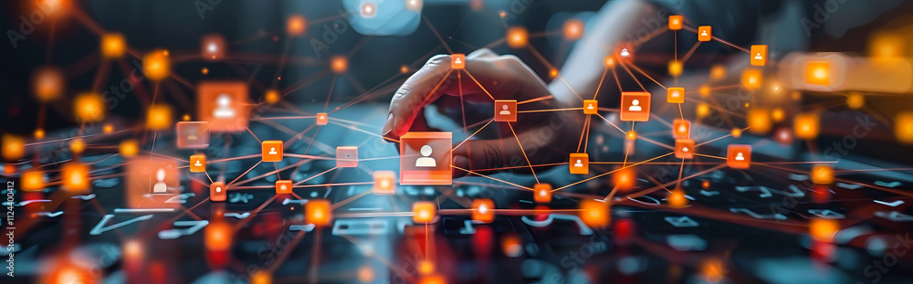 Aufkleber networking and connection: a hand interacts with a vibrant, interconnected network of digital icons,