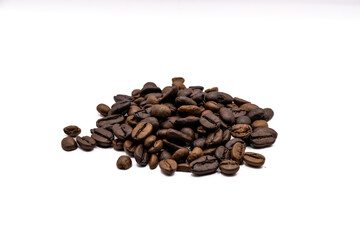 This collection of images presents a variety of coffee bean arrangements against a clean white backdrop. Each image showcases the rich brown hues and diverse forms of the beans, capturing their natura