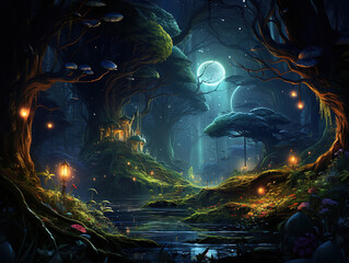 Fototapeta premium Outstanding fantasy forest in moonlight, style Halloween