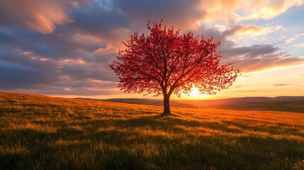 Fototapeta premium Tree of love in spring. Red heart shaped tree at sunset. 