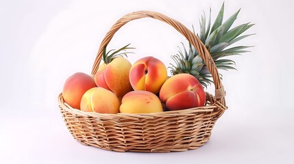 A fruit basket containing peaches, apples, and a pineapple, isolated on a white background.