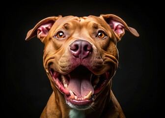 Brown Pit Bull Close Up Portrait, Open Mouth, Black Background, Dog Photography