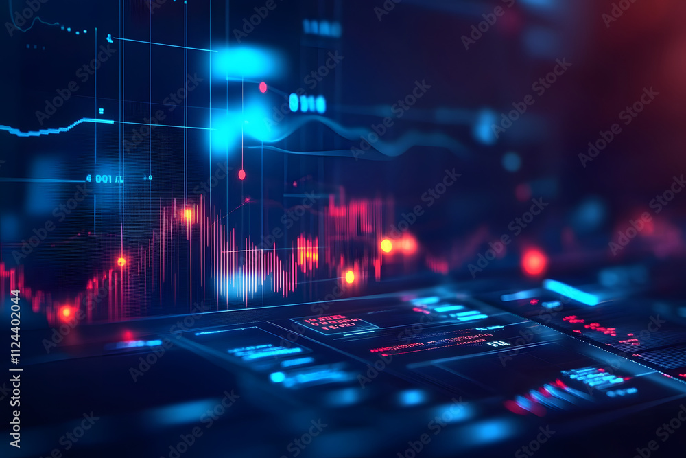 Poster dark-themed futuristic financial data analysis image with glowing line graphs and charts, blurred ba