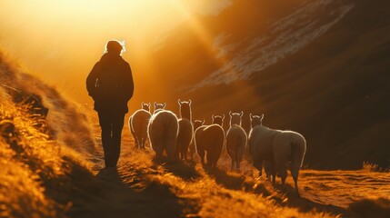 Golden Hour Silhouette: Shepherd and Alpaca Herd Trekking through Majestic Mountain Pass at Sunset