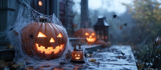 Obraz premium Spooky Halloween Porch: Jack-o'-lanterns, Spiders, and Autumn Leaves