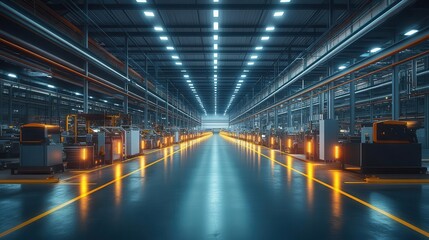 Naklejka premium A serene warehouse where workers guide automated systems with glowing control panels, soft ambient light