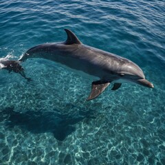 A sleek dolphin swimming alongside a boat in crystal-clear waters under the midday sun.