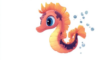 Cute and Colorful Cartoon Seahorse with Big Eyes and Bubbles on White Background for Kids Concepts