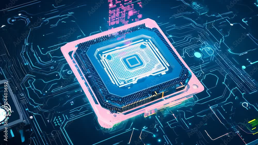 Poster exploring the future of technology through vibrant microchip designs and digital innovations in a vi